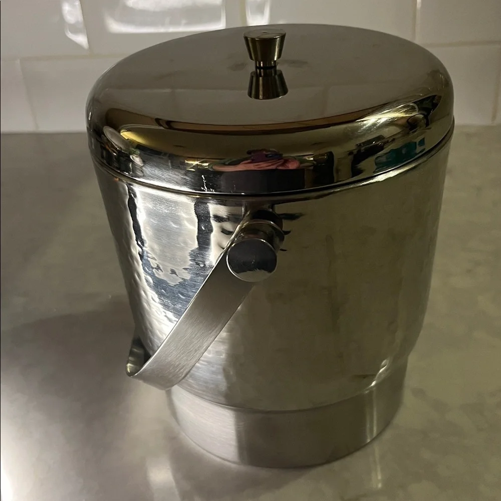 Vintage hammered Stainless Steel ice bucket with lid.